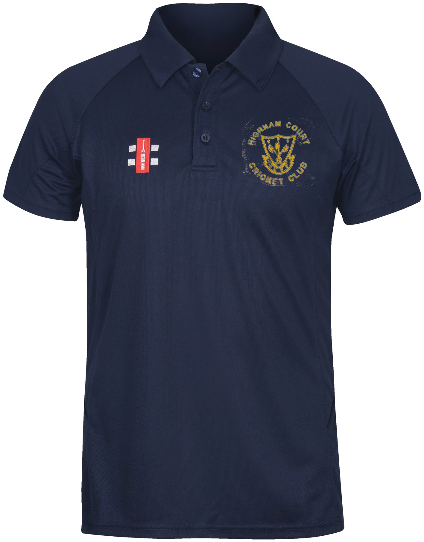 The Gray Nicolls Highnam Court CC Matrix V2 Polo Shirt is navy blue, made for high-intensity training with moisture-wicking fabric, a collar, button placket, red and white logo on right chest, and a yellow crest on left chest.