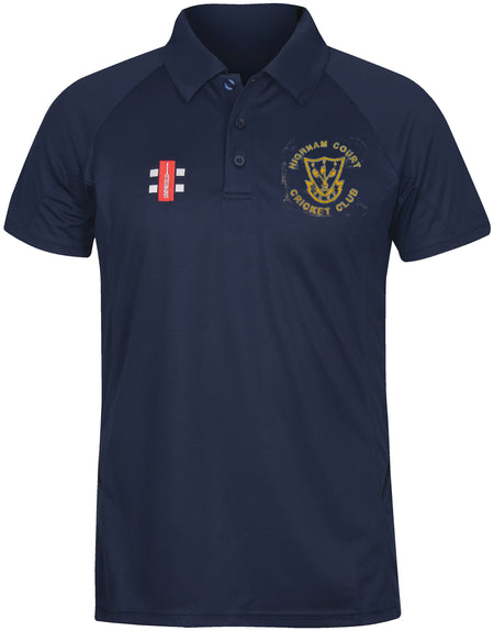The Gray Nicolls Highnam Court CC Matrix V2 Polo Shirt is navy blue, made for high-intensity training with moisture-wicking fabric, a collar, button placket, red and white logo on right chest, and a yellow crest on left chest.