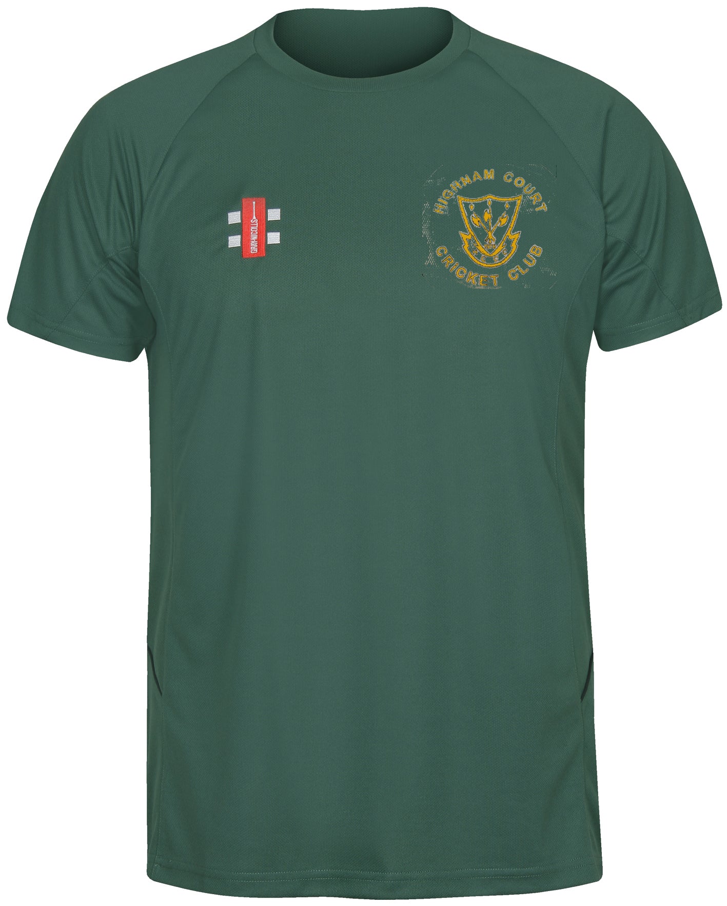 The Gray Nicolls Highnam Court CC Matrix V2 Tee Shirt is a green, moisture-wicking polyester cricket shirt with short sleeves and a round neck, featuring an embroidered Highnam Court CC logo on the left chest and a red-and-white badge on the right.