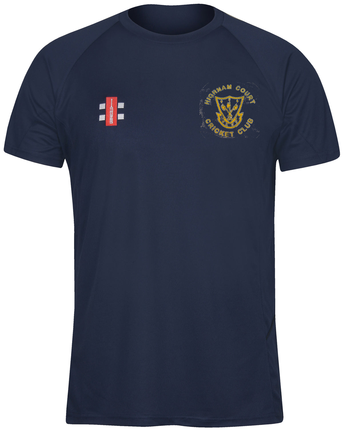 The Gray Nicolls Highnam Court CC Matrix V2 Tee Shirt is a navy sports t-shirt with short sleeves and moisture-wicking polyester, featuring the Highnam Court Cricket Club logo on the left chest and a small red and white emblem on the right.