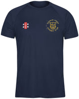 The Gray Nicolls Highnam Court CC Matrix V2 Tee Shirt is a navy sports t-shirt with short sleeves and moisture-wicking polyester, featuring the Highnam Court Cricket Club logo on the left chest and a small red and white emblem on the right.