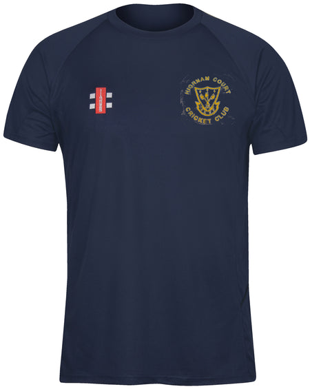The Gray Nicolls Highnam Court CC Matrix V2 Tee Shirt is a navy sports t-shirt with short sleeves and moisture-wicking polyester, featuring the Highnam Court Cricket Club logo on the left chest and a small red and white emblem on the right.