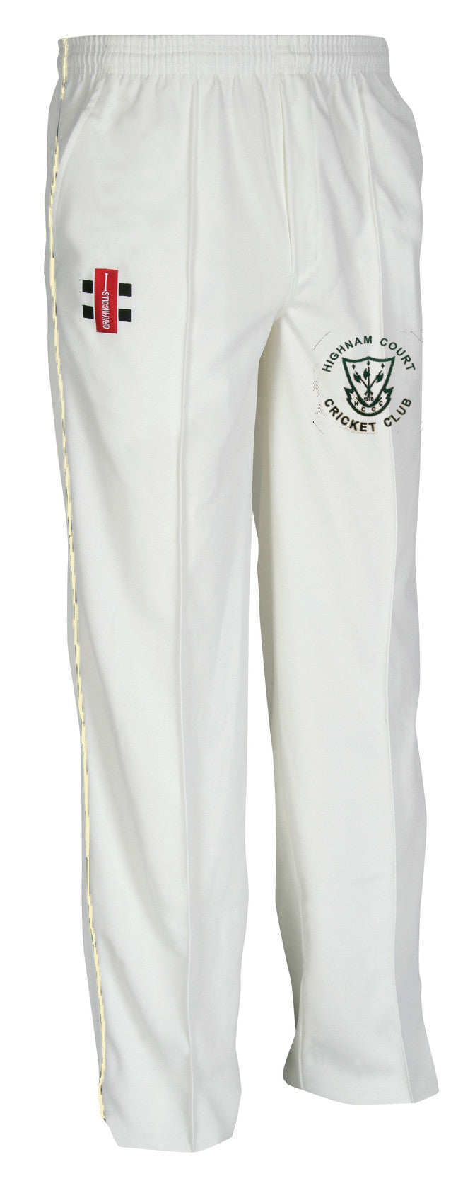 The Gray Nicolls Highnam Court CC Matrix V2 Cricket Trouser is a white pair with moisture control, an elastic waistband, a red and black logo on the right thigh, and the Highnam Court Cricket Club emblem on the left thigh.