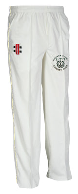 The Gray Nicolls Highnam Court CC Matrix V2 Cricket Trouser is a white pair with moisture control, an elastic waistband, a red and black logo on the right thigh, and the Highnam Court Cricket Club emblem on the left thigh.