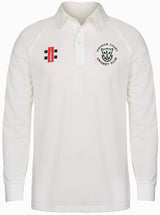 The Gray Nicolls Highnam Court CC Matrix V2 Long Sleeve Shirt is white with a collar, made from moisture-wicking fabric, and features a small red and black logo on the left chest and the club emblem on the right chest.