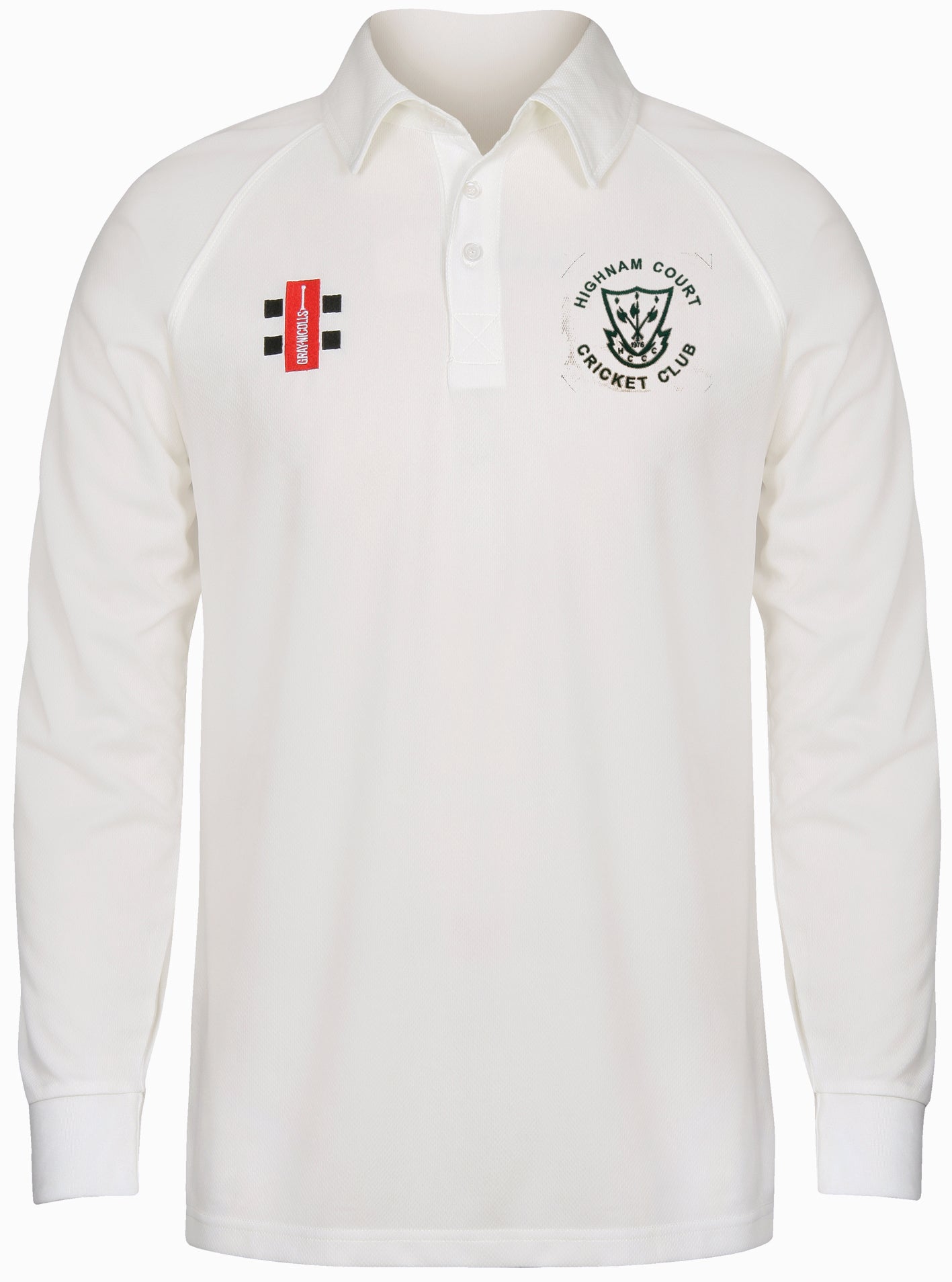 The Gray Nicolls Highnam Court CC Matrix V2 Long Sleeve Shirt is white with a collar, made from moisture-wicking fabric, and features a small red and black logo on the left chest and the club emblem on the right chest.
