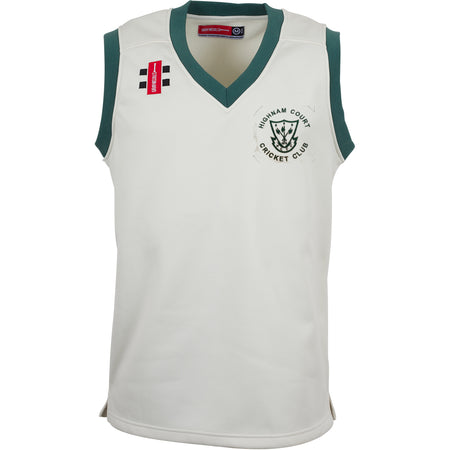 The Gray Nicolls Highnam Court CC Pro Performance Slipover is a white and green sports jersey made from lightweight bonded fabric, offering enhanced comfort—perfect for athletes seeking a high-performance slipover style.