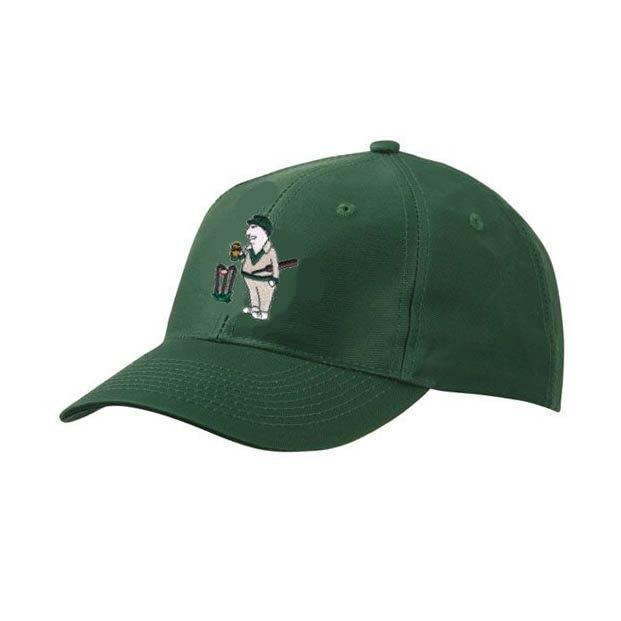 The Hillesley CC Green Baseball Cap by Martin Berrill Sports features a dark green design with an embroidered cartoon bear golfer—perfect for adding playful style to any club logo collection.