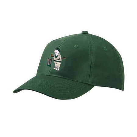 The Hillesley CC Green Baseball Cap by Martin Berrill Sports features a dark green design with an embroidered cartoon bear golfer—perfect for adding playful style to any club logo collection.