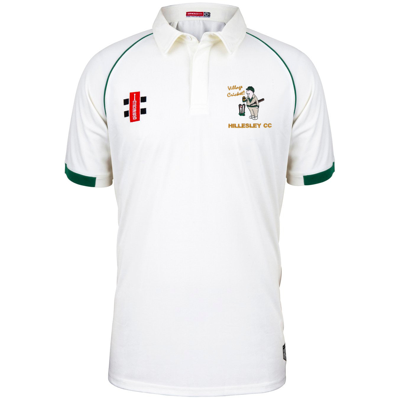 The Hillesley CC Matrix V2 Short Sleeve Match Shirt by Martin Berrill Sports is a white match shirt with green accents, embroidered logos on the left chest and sleeve, and a collar featuring a short button placket.