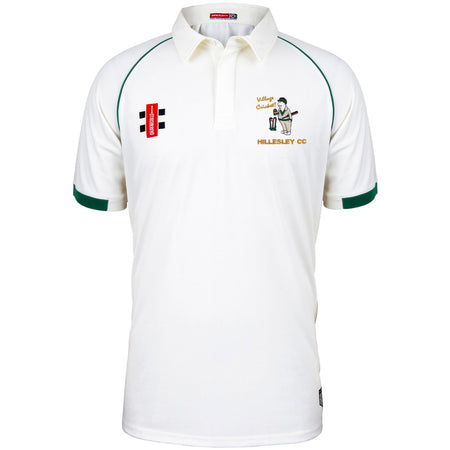 The Hillesley CC Matrix V2 Short Sleeve Match Shirt by Martin Berrill Sports is a white match shirt with green accents, embroidered logos on the left chest and sleeve, and a collar featuring a short button placket.