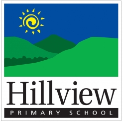 A logo of green hills, blue sky, and a yellow spiral sun with "Hillview Primary School" below—featured on the Hillview Primary School Hoody by Martin Berrill Sports.
