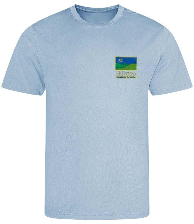 The Hillview Primary School T-Shirt by Martin Berrill Sports is a light blue, short-sleeved tee with an embroidered school logo patch—ideal for pairing with a kids' sky blue hoody for Hillview Primary.