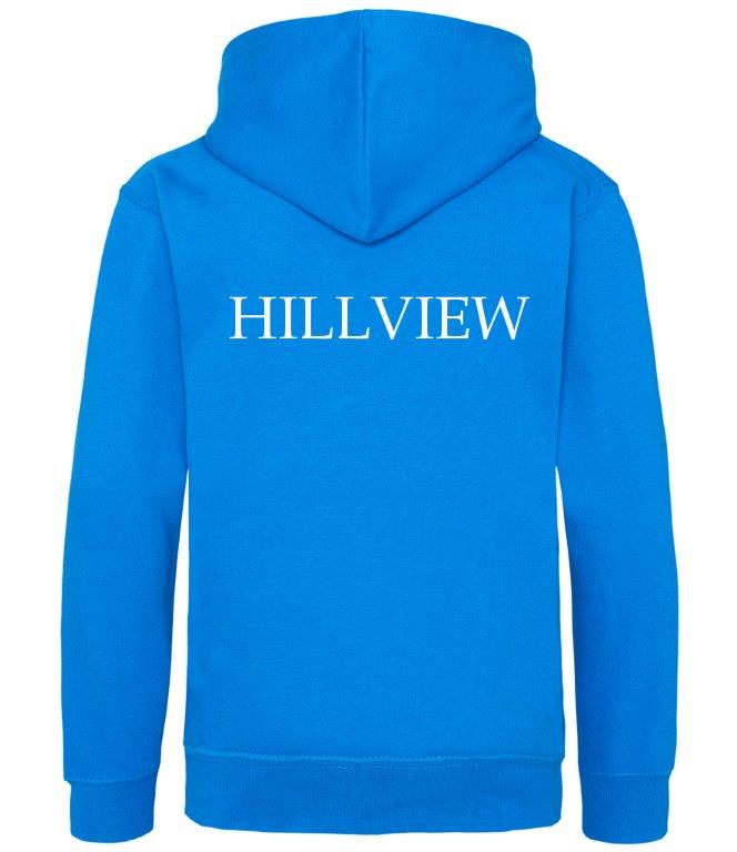 A royal blue Martin Berrill Sports Hillview Primary School Hoody, shown from the back with "HILLVIEW" in bold white capitals—ideal for school or casual wear.