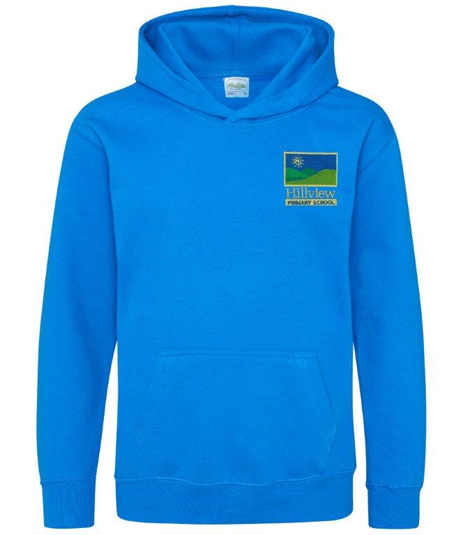 The Hillview Primary School Hoody by Martin Berrill Sports features bright royal blue fabric, a front pocket, long sleeves, a relaxed fit, and the school logo on the left chest—ideal for kids.