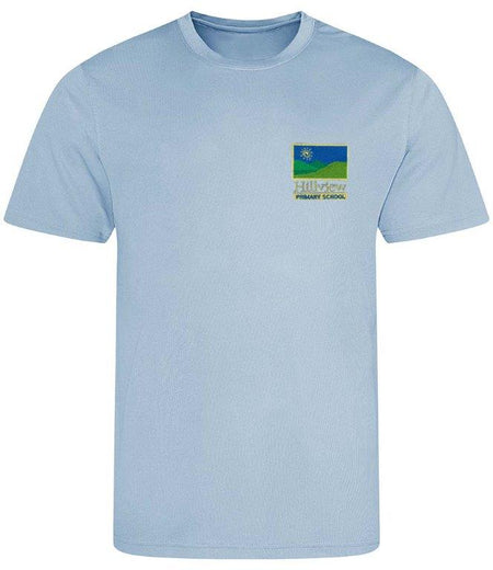 The Hillview Primary School T-Shirt by Martin Berrill Sports is a light blue, short-sleeved shirt with an embroidered school logo and “Hilltop Primary School” text, displayed on a white background. Pairs perfectly with any kids’ sky blue hoody.