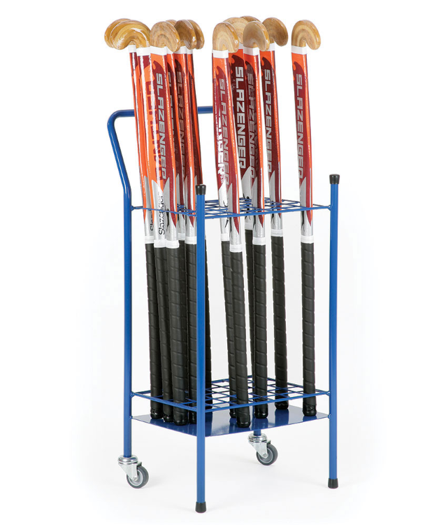 The Mastersport Hockey Stick Rack is a freestanding, blue powder-coated steel cart on four wheels that holds ten field hockey sticks upright for easy movement.