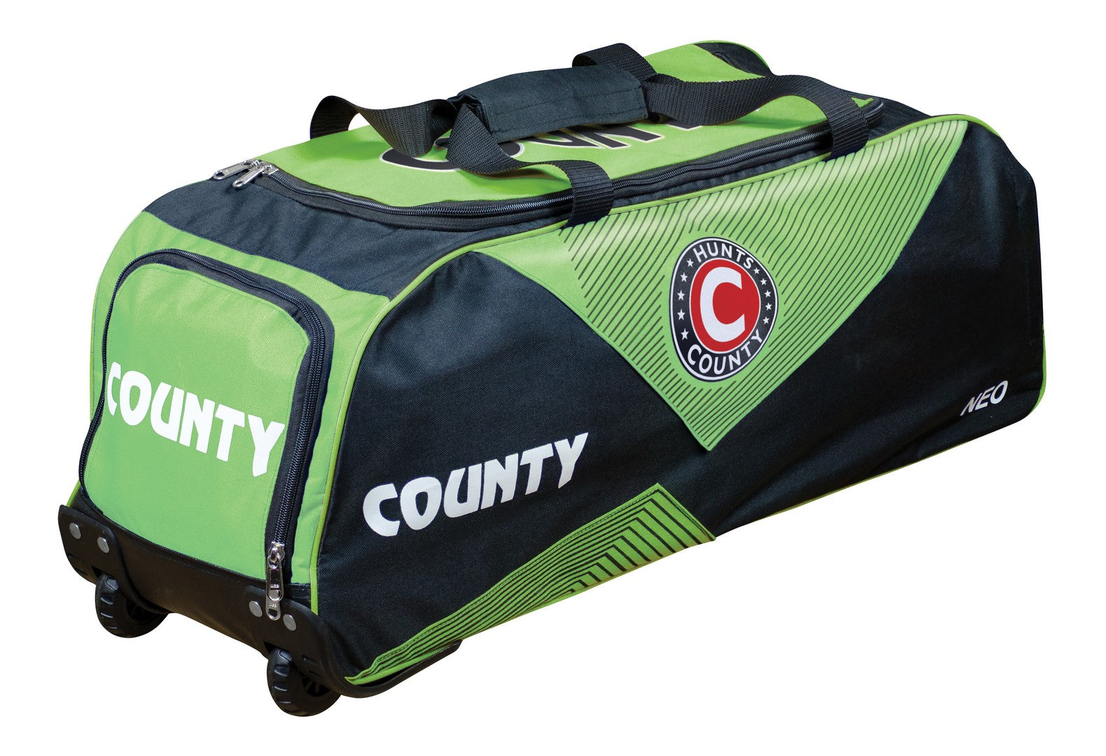 The Hunts County Neo Wheelie Cricket Bag in black/green has COUNTY on the side, a circular Hunts County logo, sturdy top handles, wheels, and multiple zip compartments for organized cricket gear storage.