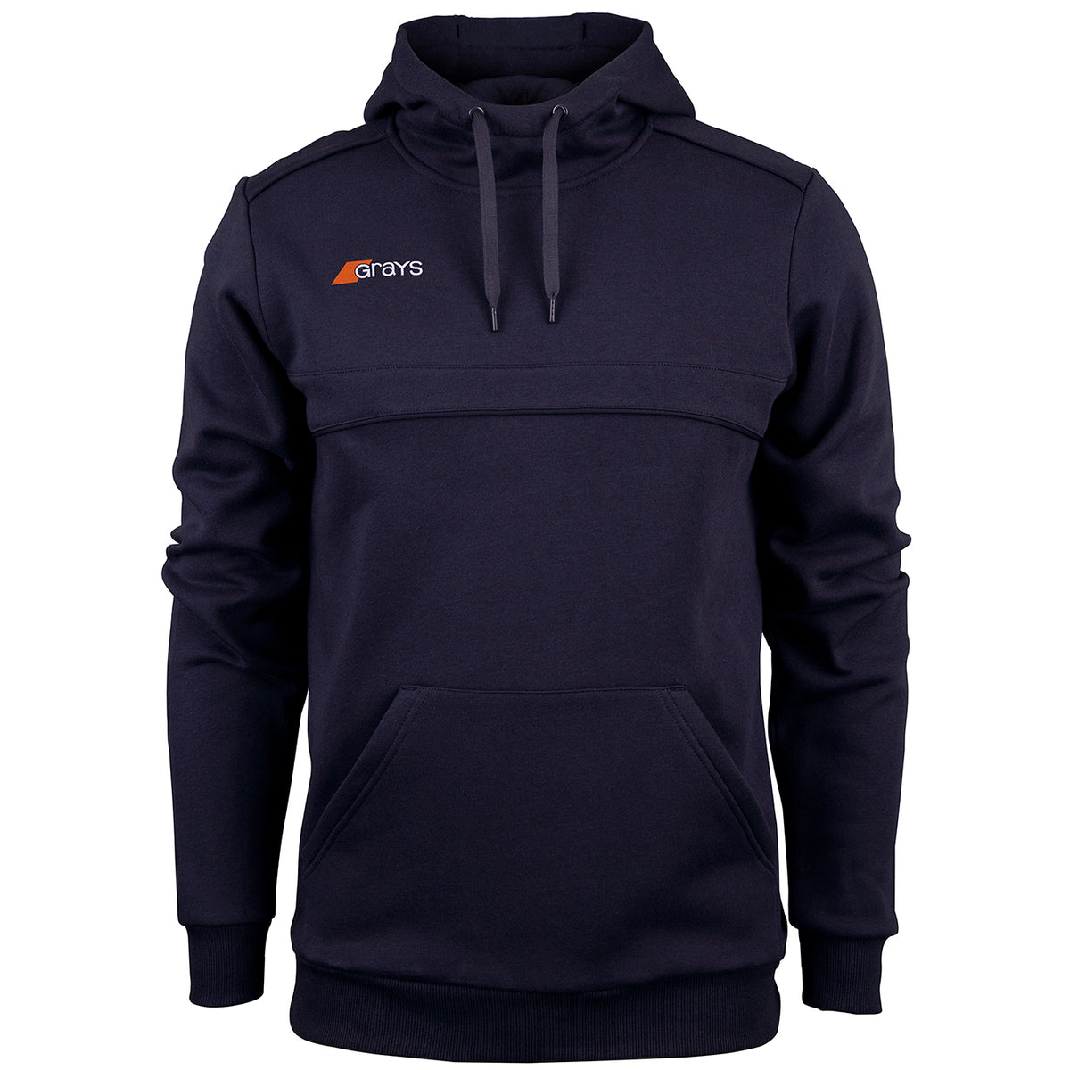 The Grays Mens Point Hoodie by Grays is a navy blue modern cut fleece with a kangaroo pocket, orange and white Grays logo on the upper left chest, drawstrings, and ribbed cuffs for comfort and style.