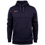 The Grays Mens Point Hoodie by Grays is a navy blue modern cut fleece with a kangaroo pocket, orange and white Grays logo on the upper left chest, drawstrings, and ribbed cuffs for comfort and style.