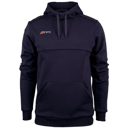 The Grays Mens Point Hoodie by Grays is a navy blue modern cut fleece with a kangaroo pocket, orange and white Grays logo on the upper left chest, drawstrings, and ribbed cuffs for comfort and style.
