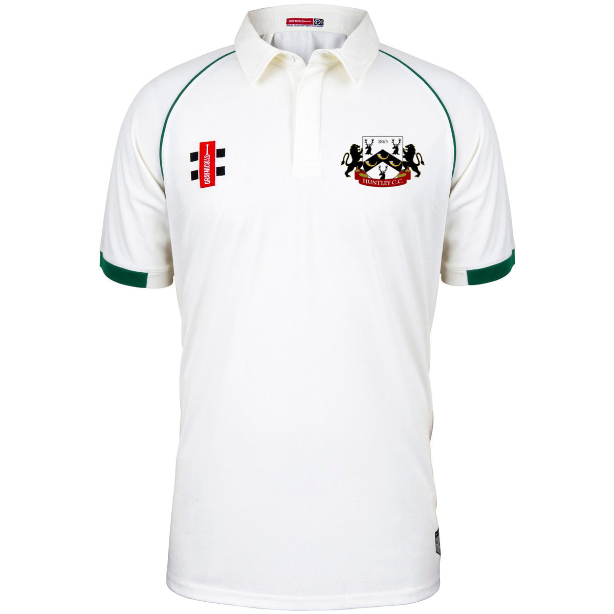 The Huntley CC Matrix V2 Short Sleeve Match Shirt by Martin Berrill Sports is a white cricket shirt with green sleeve trim, with two embroidered logos: a red and black Gray Nicolls patch on the left chest and a crest on the right.