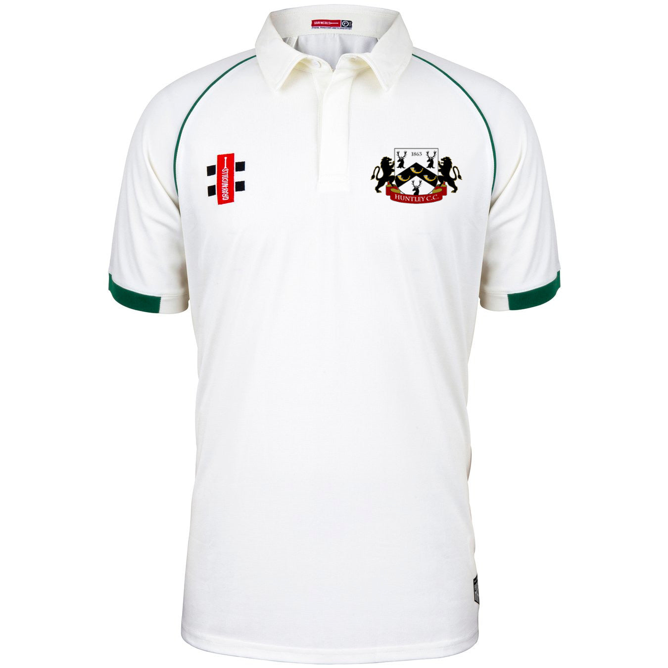 The Huntley CC Matrix V2 Short Sleeve Match Shirt by Martin Berrill Sports is a white cricket shirt with green sleeve trim, with two embroidered logos: a red and black Gray Nicolls patch on the left chest and a crest on the right.