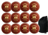 The Hunts County Club Ball Twelve Pack includes twelve red Hunts County cricket balls arranged in a grid and a black ball bag on the right.