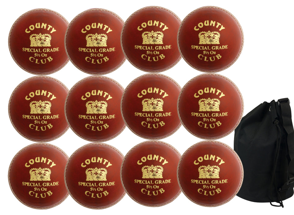 The Hunts County Club Ball Twelve Pack includes twelve red Hunts County cricket balls arranged in a grid and a black ball bag on the right.