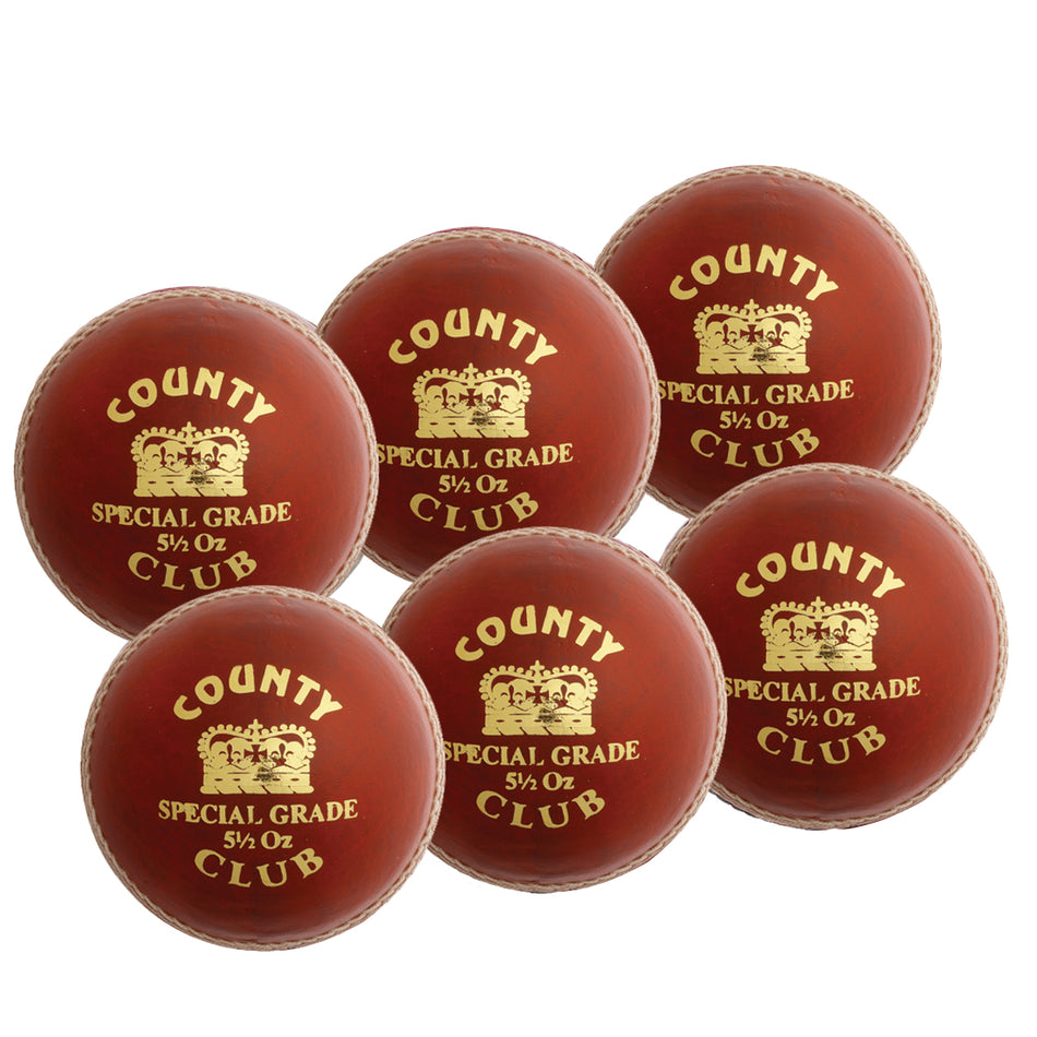 The Hunts County Club Ball Six Pack features six red cricket balls by Hunts County, perfect for matches or training, arranged together on a white background.