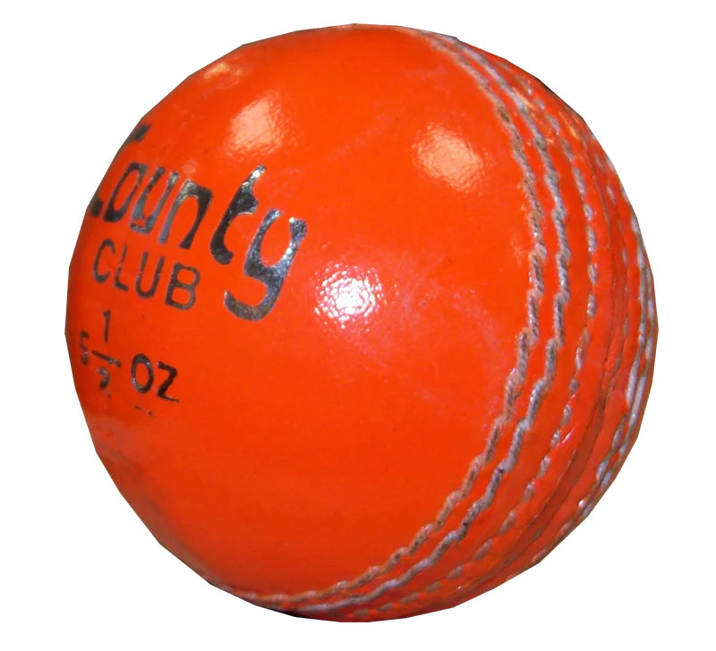 The Hunts County Club Cricket Ball is a shiny orange leather ball with visible stitching and black Hunts County branding, photographed on a white background.