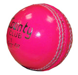 The Hunts County Club Cricket Ball is a match-grade pink leather ball with visible white stitching and County Club branding in black, offering quality performance for club cricket.