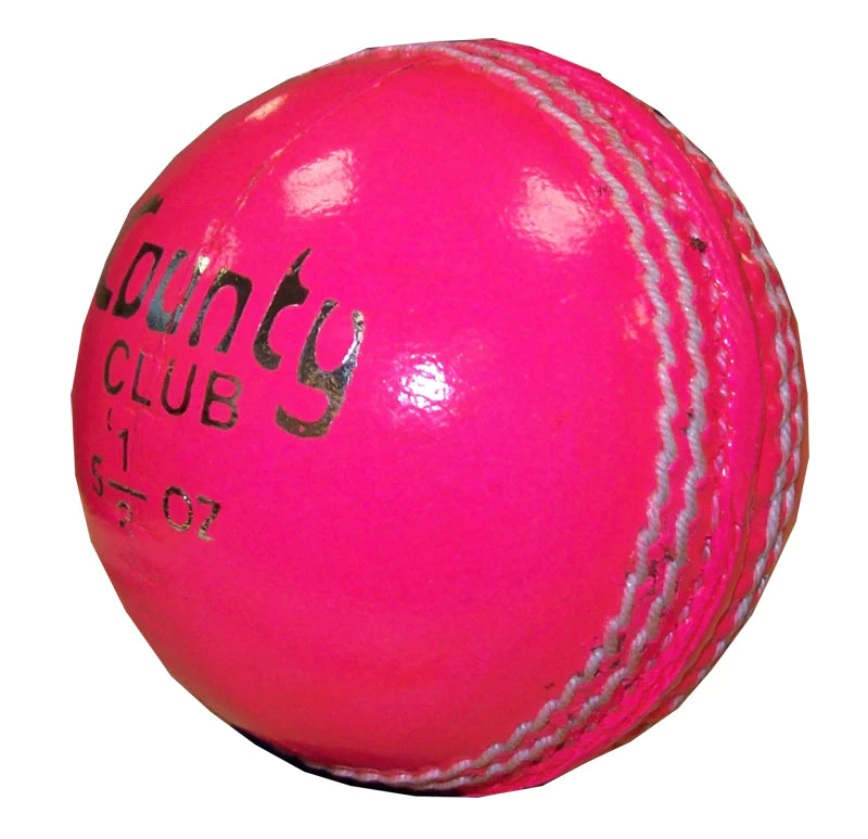 The Hunts County Club Cricket Ball is a match-grade pink leather ball with visible white stitching and County Club branding in black, offering quality performance for club cricket.