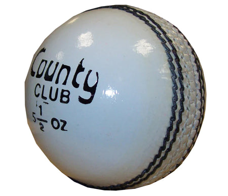 The Hunts County Club Cricket Ball is a white match-grade ball with a stitched seam and "County CLUB 5 1/2 OZ" printed in black, perfect for club cricket games.