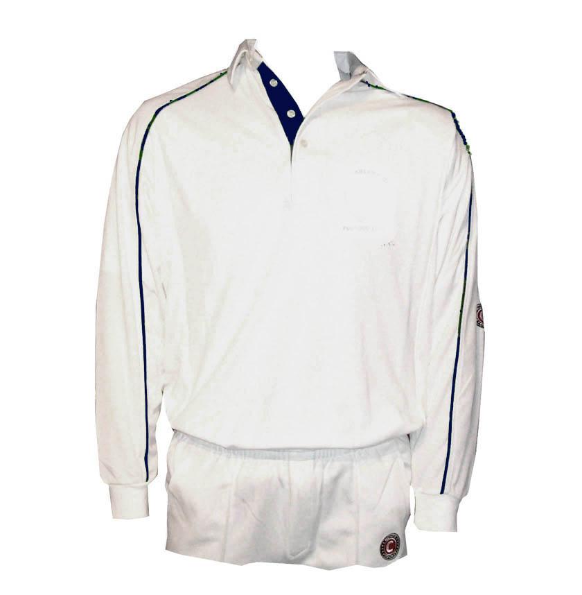 The Siddington CC Active Long Sleeve Cricket Shirt by Martin Berrill Sports features blue trim and sleeve logo patches. Made from active wick-away material for cool comfort, it’s shown with matching shorts on a plain background.