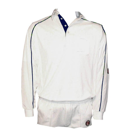 The Siddington CC Active Long Sleeve Cricket Shirt by Martin Berrill Sports features blue trim and sleeve logo patches. Made from active wick-away material for cool comfort, it’s shown with matching shorts on a plain background.