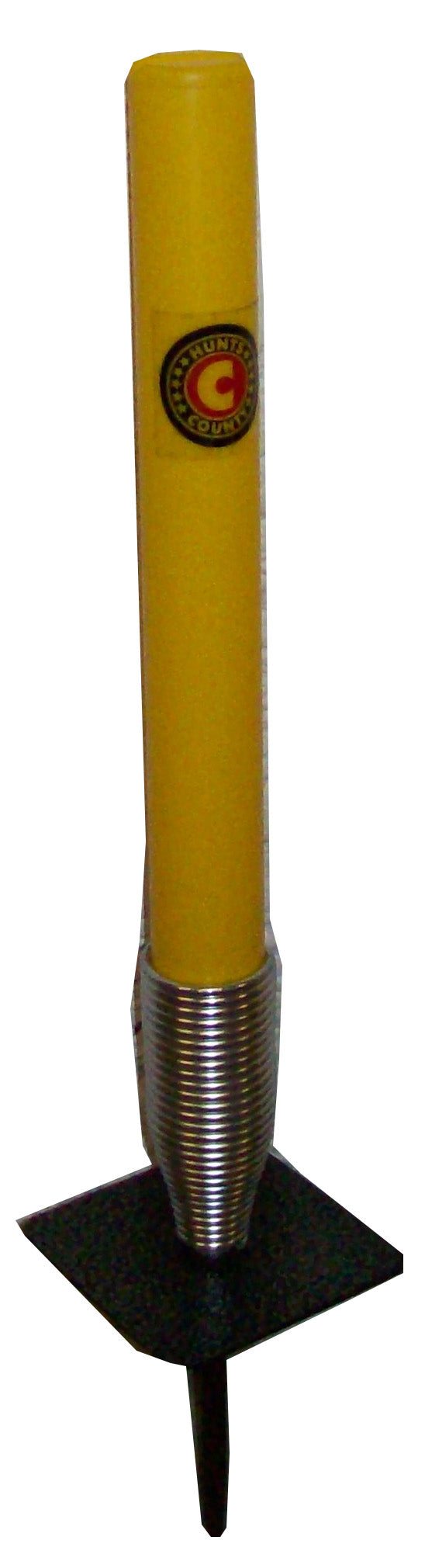 A yellow center punch tool with metal tip and black square base, featuring a circular logo—ideal for setting up the Hunts County Bats Mini Target Stump (16 inch) during fielding drills or complementing your Hunts County gear.