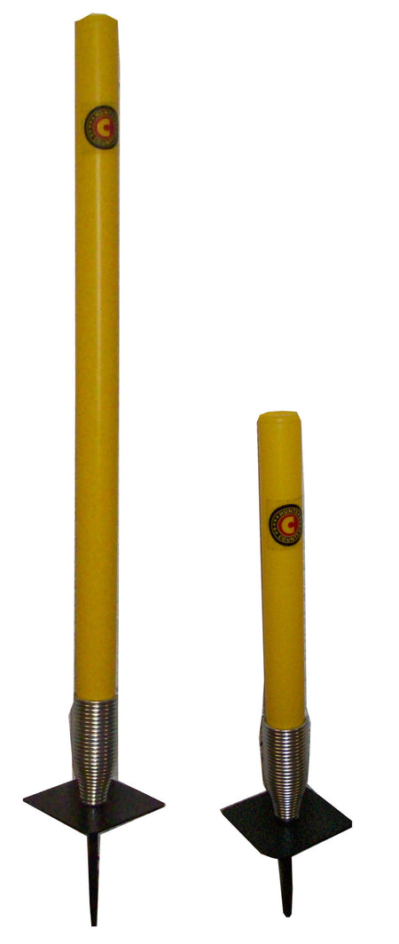 Two yellow, hexagonal metal Mini Target Stumps (16 inch) by Hunts County stand upright with pointed ends, black square bases, and round Hunts County logos—ideal for fielding practice against a white background.