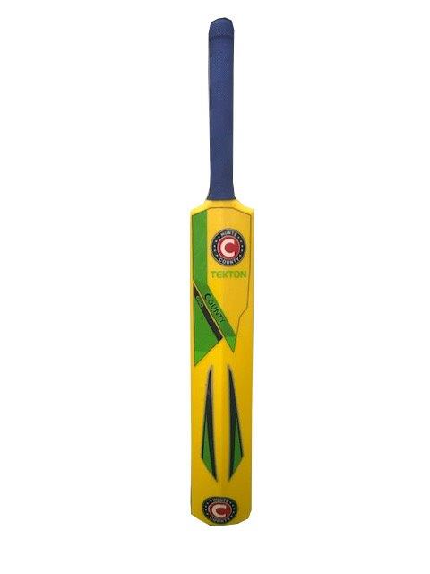 The Hunts County Flik Cricket Bat (Yellow) features a yellow plastic body with green and black accents, a blue handle, and is ideal for junior players and cricket training sessions.