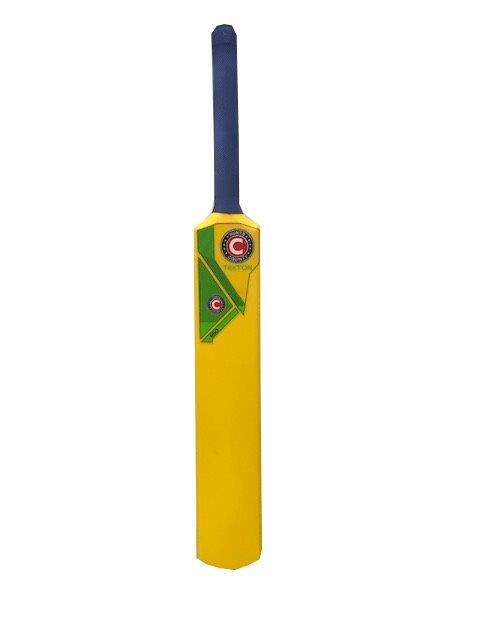 The Hunts County Flik Cricket Bat (Yellow) by Hunts County features a blue handle and green and red decals, shown standing upright against a white background.