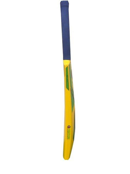 The Hunts County Flik Cricket Bat (Yellow) by Hunts County, featuring a blue handle, is displayed standing upright on its edge against a white background.