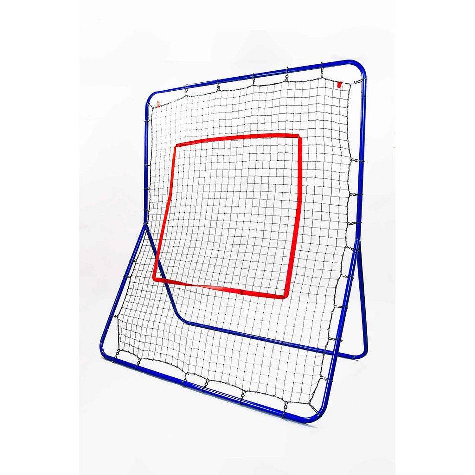 The Hurley Master Hurling Rebounder by Hurley Master features a blue metal frame, black mesh, and a central red square target, ideal for practicing throwing, catching, and hurling skills.