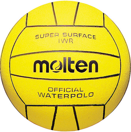 The Molten IWR Waterpolo Ball is yellow with black lines, featuring “SUPER SURFACE IWR,” “molten,” and “OFFICIAL WATERPOLO” on the surface, and is crafted with durable nylon wound construction for performance.