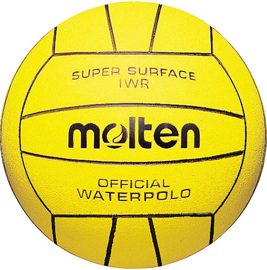 The Molten IWR Waterpolo Ball is yellow with black lines, featuring “SUPER SURFACE IWR,” “molten,” and “OFFICIAL WATERPOLO” on the surface, and is crafted with durable nylon wound construction for performance.