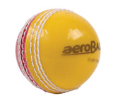The Aero Incrediball Club Cricket Ball by Aero features a red/yellow design with white stitching and "aeroBALL" printed on the yellow side; ideal for training as a non-leather practice cricket ball.