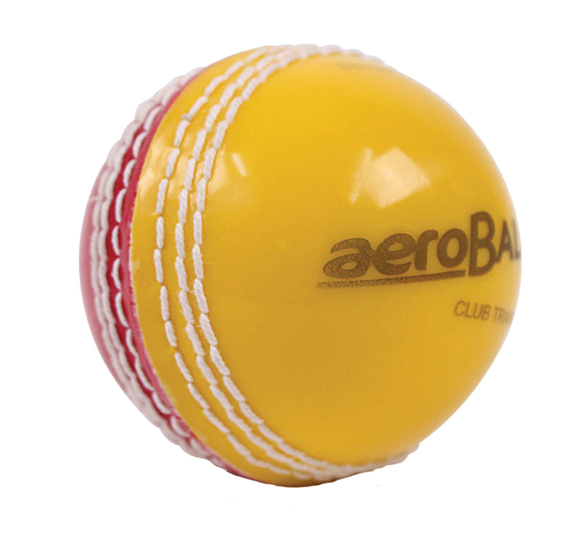 The Aero Incrediball Club Cricket Ball by Aero features a red/yellow design with white stitching and "aeroBALL" printed on the yellow side; ideal for training as a non-leather practice cricket ball.