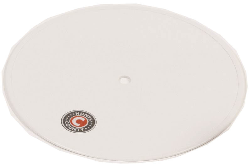 Hunts County Inner Fielding Discs (Pack of Ten) by Hunts County are plain, round white discs with a central hole and logo—ideal for marking field positions in cricket, similar to home plates used for baseball or softball.