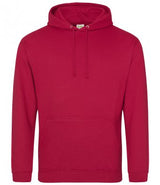 The Huntley CC Junior Hoody by Martin Berrill Sports is a plain red kids' cricket hoodie with a front pocket and drawstrings, shown against a white background.