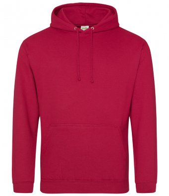 The Huntley CC Junior Hoody by Martin Berrill Sports is a plain red kids' cricket hoodie with a front pocket and drawstrings, shown against a white background.