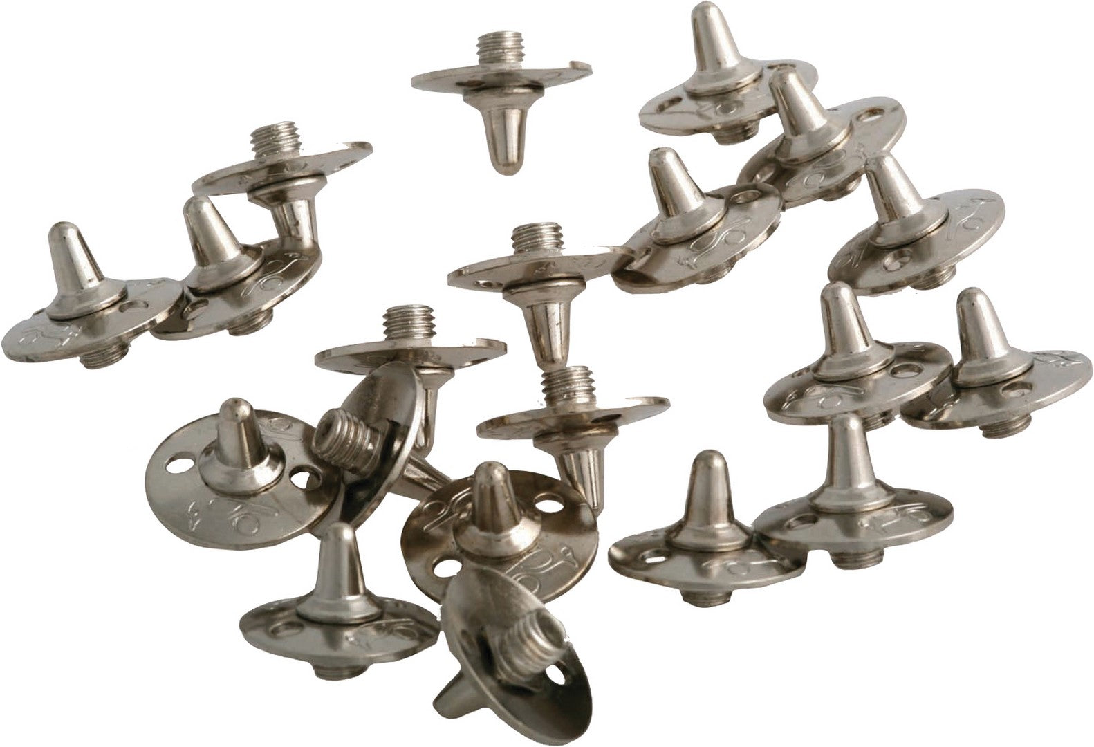 Kookaburra Steel Cricket Spikes by Kookaburra, featuring pointed tips and circular threaded bases, scattered on a white background.